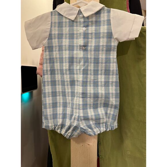 Baby Boy Plaid Shortall Romper | Alexis | Blue White Check | 0-6M - Picture 2 of 3